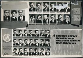 1963 Székesfehérvár, 2 db kistabló a József Attila Gimnázium tanárairól és diákjairól, az egyik folt...