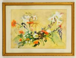 Szécsi Katalin (1955-): Fehér liliomok. Akvarell, papír, jelzett, üvegezett keretben, 40×58 cm