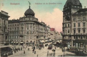 Budapest VIII. Rákóczi út (Blaha Lujza tér), villamosok, takarékpénztár, drogéria (gyógyszertár). Taussig A. kiadása