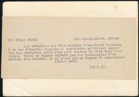 cca 1937 Vintage sajtófotó a Salamon-szigetekről, angol nyelven feliratozva, 18x13 cm / Solomon Isla...