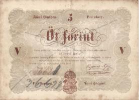 1848. 5Ft "Kossuth bankó" áthúzással érvénytelenítve, sorszám javítva és mégegyszer ráírva...