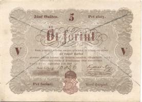 1848. 5Ft "Kossuth bankó" előlapon sorszám szabálytalanul a vonalazás felett írva, ezért (feltehetően) érvénytelenítve! R! T:restaurált