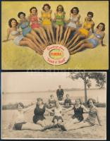 Lányok a strandon, 1 db vintage fotó (9x14 cm) és 1 db képeslap