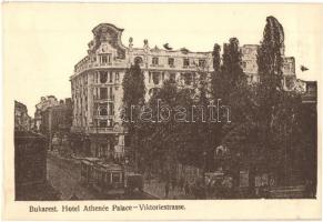 Bucharest, Bukarest; Hotel Athenee, Viktoriestrasse / street view with hotel and tram (from postcard booklet)