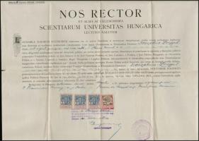 1921 Budapesti Kir. Magyar Tudományegyetem politikatudományi doktori diplomájának másolata, latin nyelven, pecséttel, aláírással, 3 db 1k. 50f., 1 db 50f. okmánybélyegekkel.