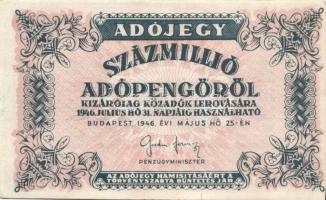 1946. 100.000.000AP fehér papíron, v.j. nélkül, hátlapon a "lehet" szóban lemezhiba!, nyom...