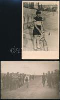 1924 Kerékpár versenyzők, 2 db feliratozott, vintage fotó, 9x14 cm