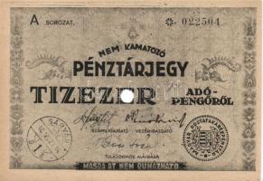 1946. Pénztárjegy teljes sor 10.000AP érvénytelenített, köralakú bélyegző, hátlapi szöveg átlagtól e...