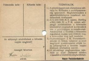 1946. Pénztárjegy teljes sor 10.000AP érvénytelenített, köralakú bélyegző, hátlapi szöveg átlagtól e...