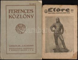 1919-1941 Vegyes nyomtatván tétel, 4 db: kotta, Előre képes hetilap VI. évf. 28. sz., Ferences Közlöny 1925 11. sz.