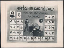 1950 Győr, Gyorsíró Iskola tanárai és végzős növendékei, kistabló 38 nevesített portréval, 16x21,5 cm, karton 20x27 cm