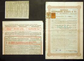 Ausztria 1930. "Bankhaus Hermann Korti & Co." kötvénye 3600Lei-ről + 1917. "Hadsegítési és Népjóléti nyereménykölcsön" 40K-ról (2x) + 1926. "Czeglédi Takarékpénztár Egyesület" részvénye 50P-ről + Arad "Hollandi Földhitelintézet" megrendelési lap, 3 nyelven