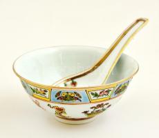 6 db kínai csésze 4db kanállal, kézzel festett, jelzett, hibátlan