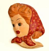 Dr Rank kerámia art deco fejkendős lány, fali kis plasztika, kopott, kézzel festett, jelzett, 20×15 cm