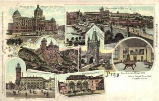 Praha, Prag; Museum, Karlsbrücke, Landtagsstube Fenstersturz, Karlstein, Waldsteinpalais. Geographische Postkarte v. Wilhelm Knorr No. 2. Art Nouveau litho