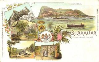 Gibraltar. Signal-Station, Batterie, Ein Thor von Karl V, Öffentliche Garden. Geographische Postkarte v. Wilhelm Knorr No. 146. Art Nouveau litho