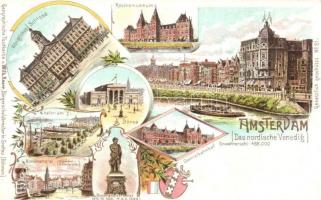 Amsterdam. Königliches Schloss, Reichsmuseum, Börse, Hafen, Binnenamstel, Rembrandt Denkmal. Geographische Postkarte v. Wilhelm Knorr No. 61. Art Nouveau litho