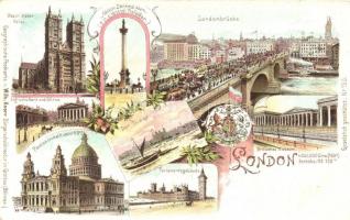 London, Londonbrücke, Nelson Denkmal, Westminster, Paulskirche, Bank und Börse, Museum. Geographische Postkarte v. Wilhelm Knorr No. 130. Art Nouveau litho