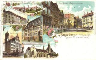 Augsburg. Ludwigsplatz, Augustbrunnen, Drei Mohren und Fuggerhaus, Rathaus, Philippine Weslerhaus. Geographische Postkarte v. Wilhelm Knorr No. 31. Art Nouveau litho (fl)