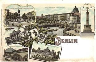Berlin, Stadtbahnhof Friedrichstrasse, Reichstagsgebaude, Schloss, Brandenburger Thor. Geographische Postkarte v. Wilhelm Knorr No. 41. Art Nouveau litho (EK)