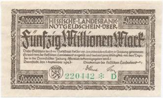 Németország / Weimari Köztársaság / Darmstadt 1923. 50.000.000M szükségpénz vízjeles papíron T:II Germany / Weimar Republic / Darmstadt 1923. 50.000.000 Mark necessity note on watermarked paper C:XF