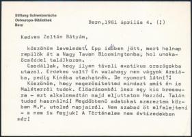 1980 Gosztonyi Péter (1933-1999) történész, újságíró  saját kézzel aláírt levele Vas Zoltán gazdaságpolitikusnak, volt 56-os államminiszternek, a levélben érdekes utalások Maléter Pál kivégzett forradalmár ezredesre.