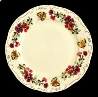 Zsolnay pillangó mintás lapostányér (6 db), jelzett, kézzel festett, kopott, d:24,5 cm (6×)