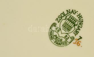 Zsolnay pillangó mintás lapostányér (6 db), jelzett, kézzel festett, kopott, d:24,5 cm (6×)