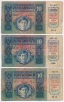 1915. 10K (3xklf) egy román felülbélyegzéssel, egy piros "MAGYARORSZÁG" körbélyegzővel, a ...
