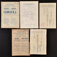 1921-1935 Ulrich B.J. három külön árjegyzéke, prospektusa, benne az árváltozásokkal. Bp., Hungária-ny. 10+4+2 p. Kettőn intézményi bélyegzővel, egy kissé viseltes, szakadt. + Két nyugta, fejléces papíron, pecsétekkel, aláírással.