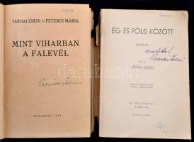2 db dedikált/aláírt Várnai Zseni-könyv: Ég és föld között. Bp., 1941, szerzői. Sérült papírkötésben...