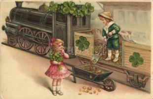 Children with locomotive, golden coin cargo, clovers. litho greeting card