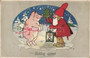 Boldog Újévet! / Santa Claus with pig, New Year greeting card, litho (EK)
