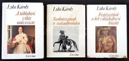 Lyka Károly 3 műve: A táblabíró világ művészete. Magyar Művészet 1800-1850. Szobrászatunk a századfordulón. Magyar Művészet 1896-1914. Festészetünk a két világháború között. Viszaemlékezések 1920-1940.Bp.,1981-1984,Corvina. Kiadói egészvászon-kötés, kiadói papír védőborítóban, fekete-fehér és színes illusztrációkkal. Változó állapotban, az egyik papírborító széle kissé szakadozott, egy másik papírborító kissé foltos.