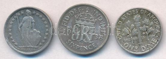 Svájc 1920B 1/2Fr Ag + Nagy-Britannia 1938. 6p Ag "VI. György" + Amerikai Egyesült Államok...