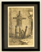 Páris Erzsébet (1887-?): Missiós keresztnél, rézkarc, papír, jelzett, paszpartuban, üvegezett fa keretben, 21,5×14 cm