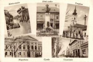 Gyula, Erkel szobor, Körös részlet, templom, utcakép, megyeháza, hitelintézet (EK)