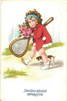 Szívélyes üdvözlet névnapjára / Name Day greeting card, girl with tennis racket, litho (ázott / wet damage)