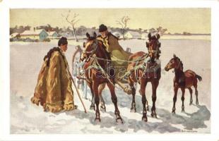 Hortobágy - 4 db régi művészi képeslap a pusztai életről, folklór s: Benyovszky István