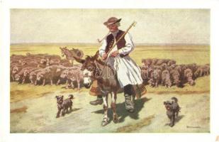 Hortobágy - 4 db régi művészi képeslap a pusztai életről, folklór s: Benyovszky István