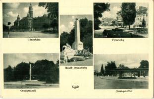 Győr, városháza, Hősök emlékműve, Ibusz pavilon, országzászló