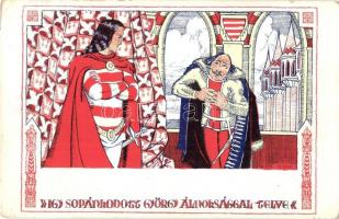 4 db régi magyar művészlap, Toldi illusztrációk Fáy Aladár aláírásával és 1 jelenet a János vitézből...