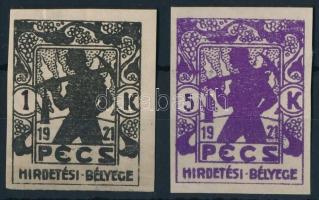 1921 Pécs Hirdetési bélyeg vágott 1K és 5K (6.000)