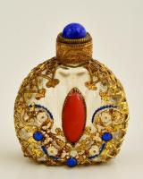 Antik parfümös üveg, tűzaranyozott díszítéssel, korall és lapisz lazuli rátétekkel, m: 6x4,5 cm