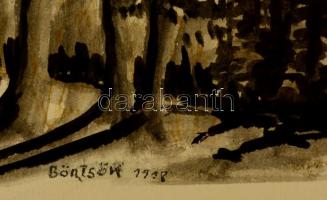 Börtsök jelzéssel: Erdős dombok. Akvarell, papír, üvegezett keretben, 26×16 cm