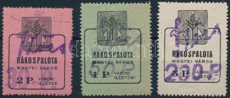 1945 Rákospalota városi illetékbélyeg 30P/2P, 50P/1P, 200P/5P Szőcs névbélyegzéssel (13.500)