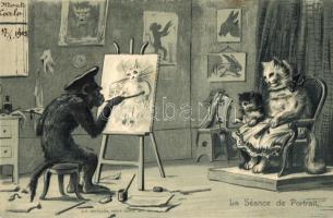 La Séance de Portrait. Monkey painter with cat models. K. F. Editeurs, Paris. Serie 337. Emb. litho