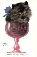 Heres to you - good luck! Cat in the glass. Valentines Lawson Wood Series No. 1063. s: Lawson Wood