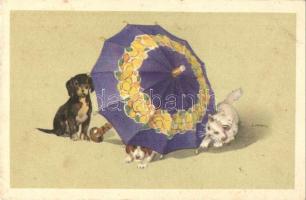 Cats and dogs under an umbrella. Degami 976.