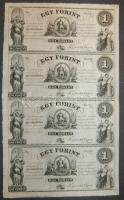 18.. Emigrációs "Kossuth bankók" 1Ft A,B,C,D összefüggő 4-es ívben, rajta erős nymdafestékes foltokkal a nyomdász ujjától T:I